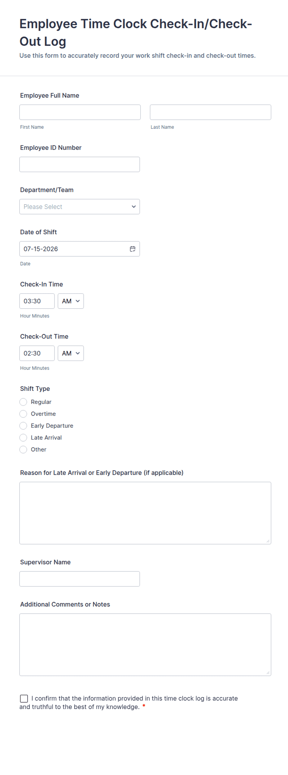 Check Drop Log Employee Time Clock Check-In/Check-Out Log Form Template | Jotform