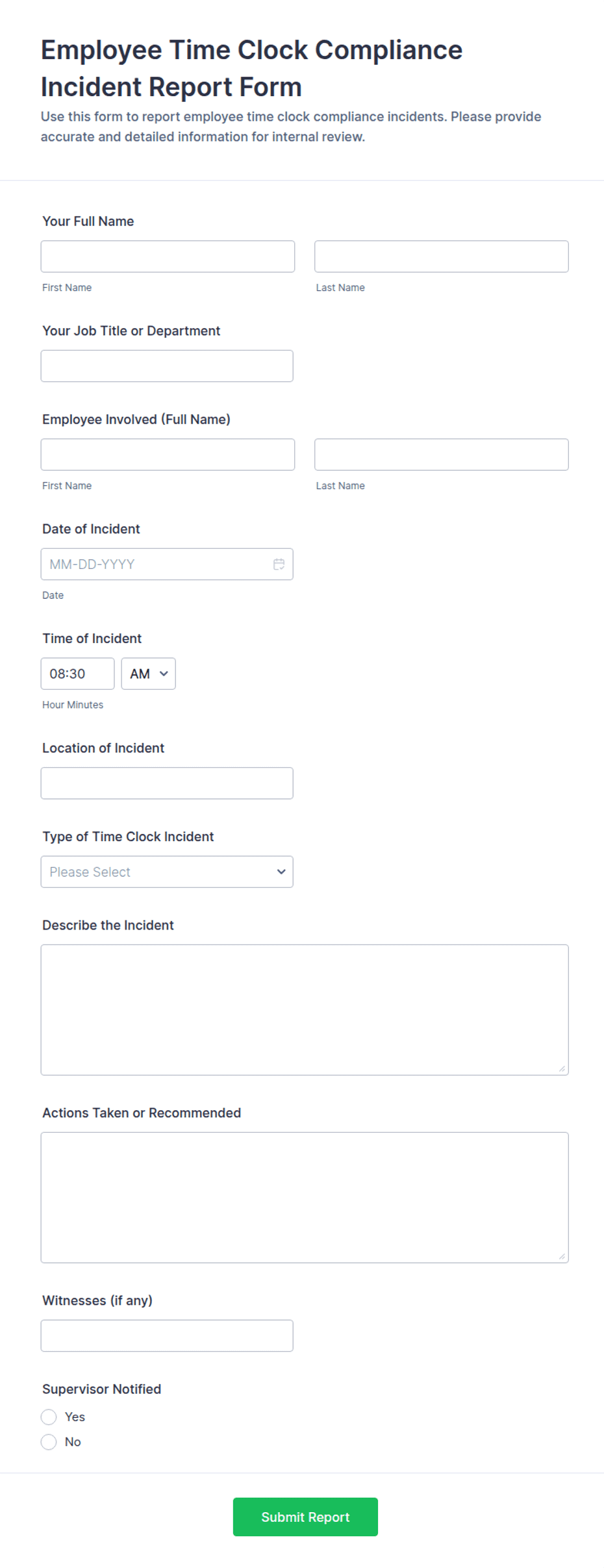 Employee Time Clock Compliance Incident Report Form Template | Jotform