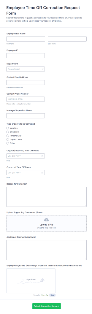 Employee Time Off Correction Request Form Template
