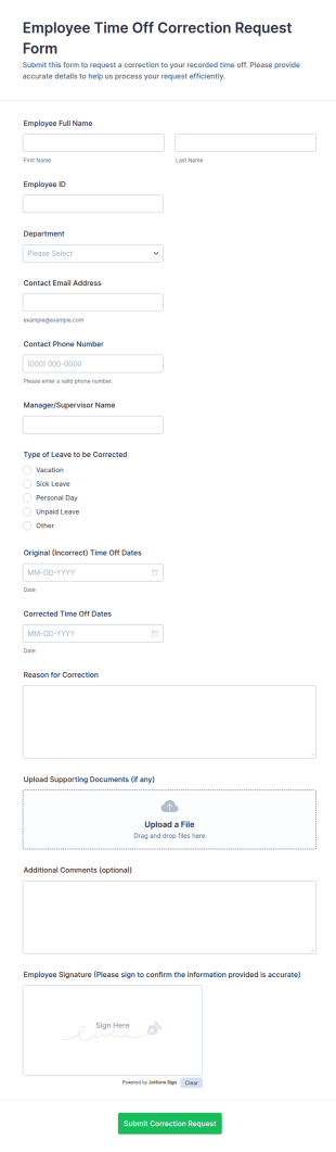 Employee Time Off Correction Request Form Template