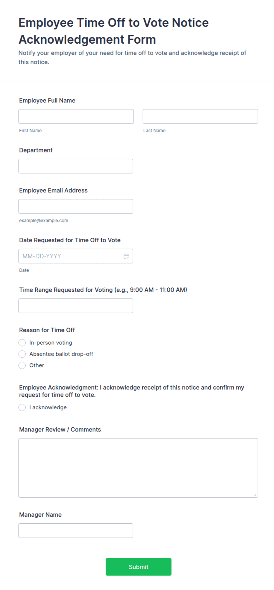 Employee Time Off to Vote Notice Acknowledgement Form Template | Jotform