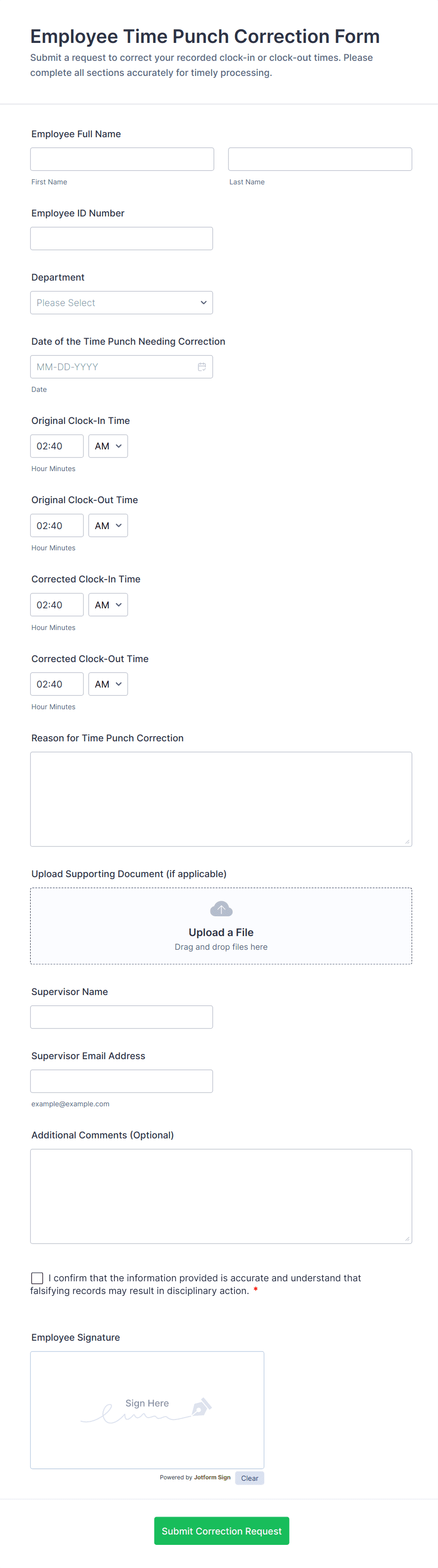 Employee Time Punch Correction Form Template | Jotform
