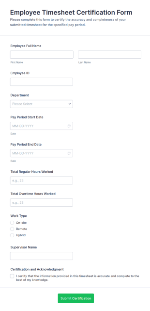 Employee Timesheet Certification Form Template