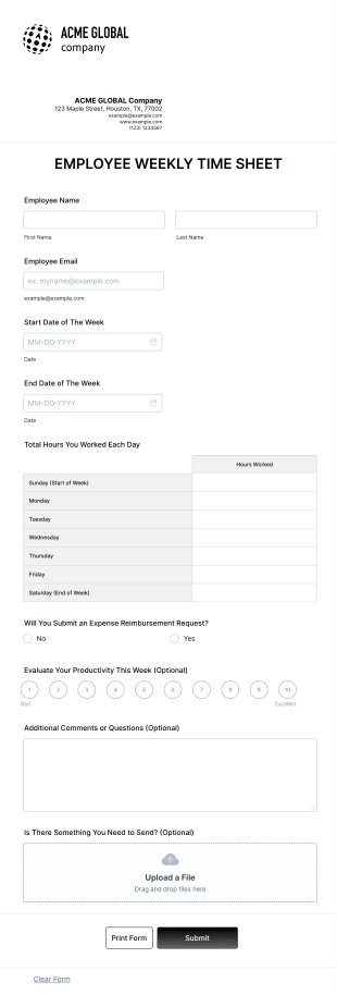 Employee Timesheet Template Form Template