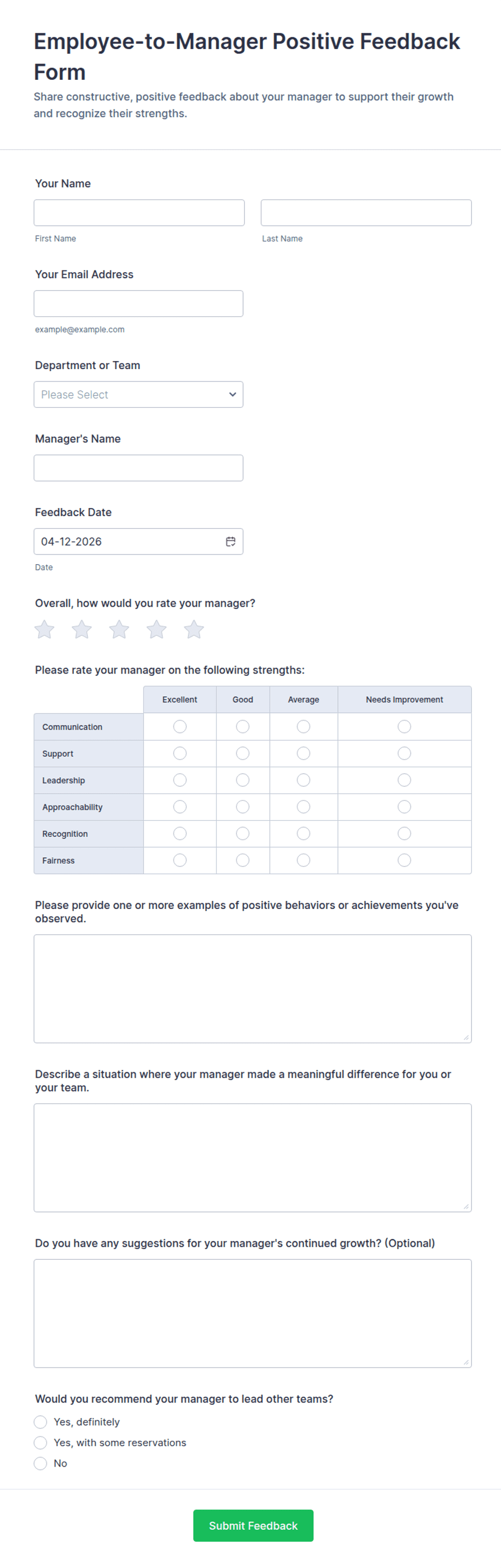 Employee-to-Manager Positive Feedback Form Template | Jotform