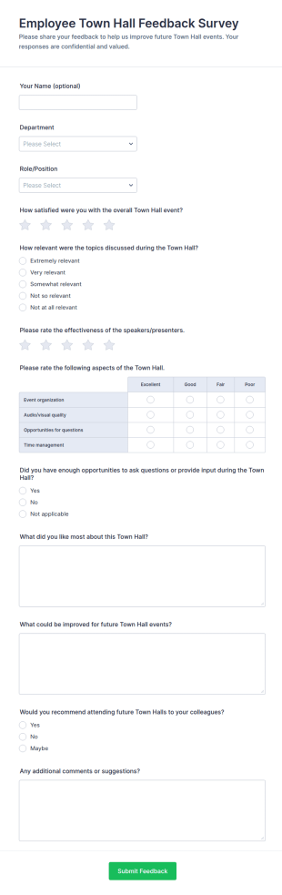 Employee Town Hall Feedback Survey Form Template