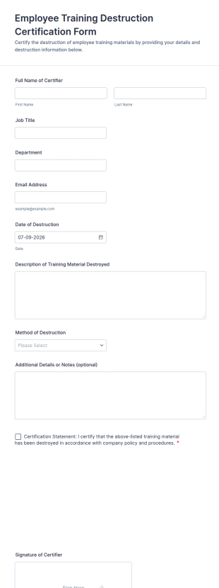 Employee Training Destruction Certification Form Template