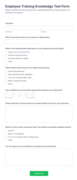 Employee Training Knowledge Test Form Template