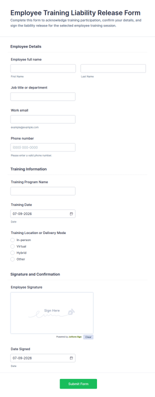 Employee Training Liability Release Form Template