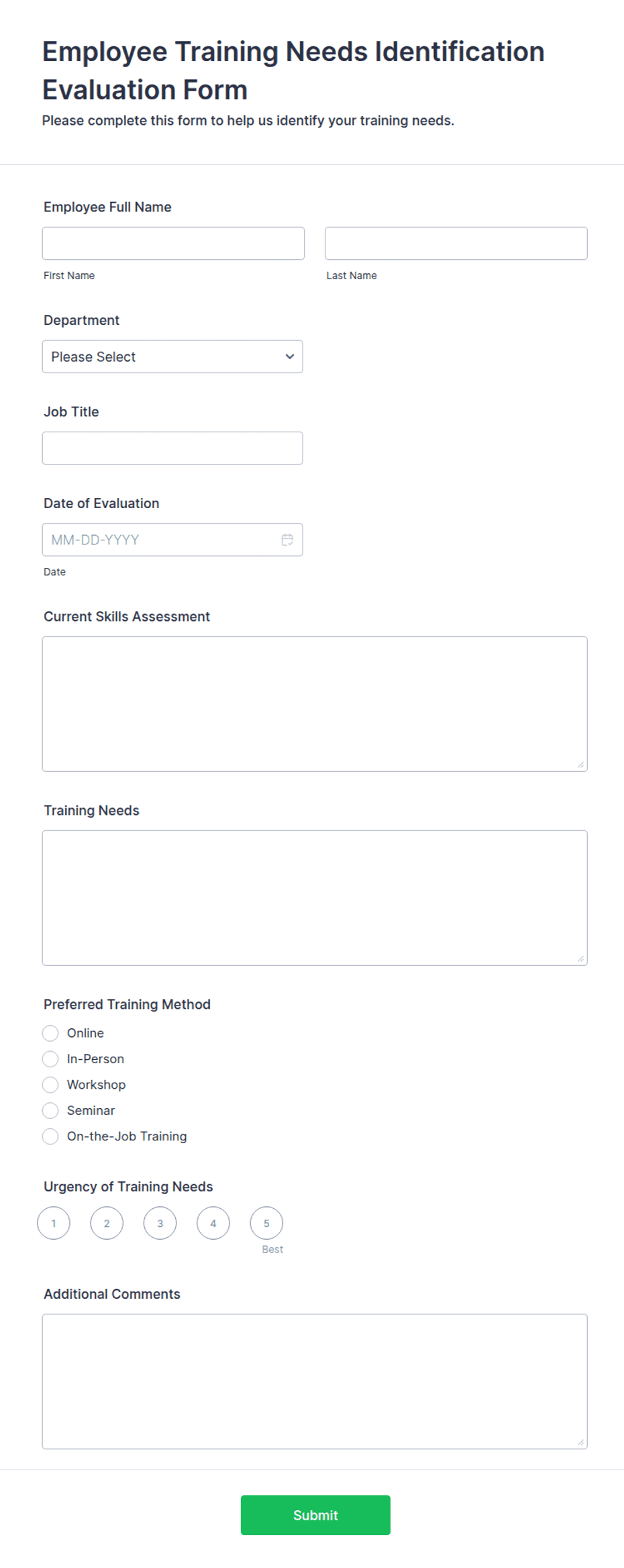 Employee Training Needs Identification Evaluation Form Template | Jotform