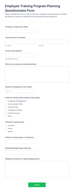 Employee Training Program Planning Questionnaire Form Template