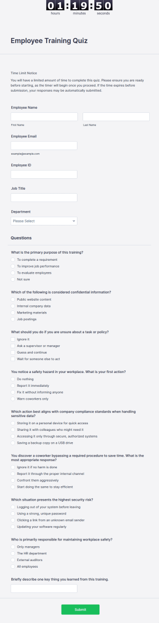 Employee Training Quiz Form Template