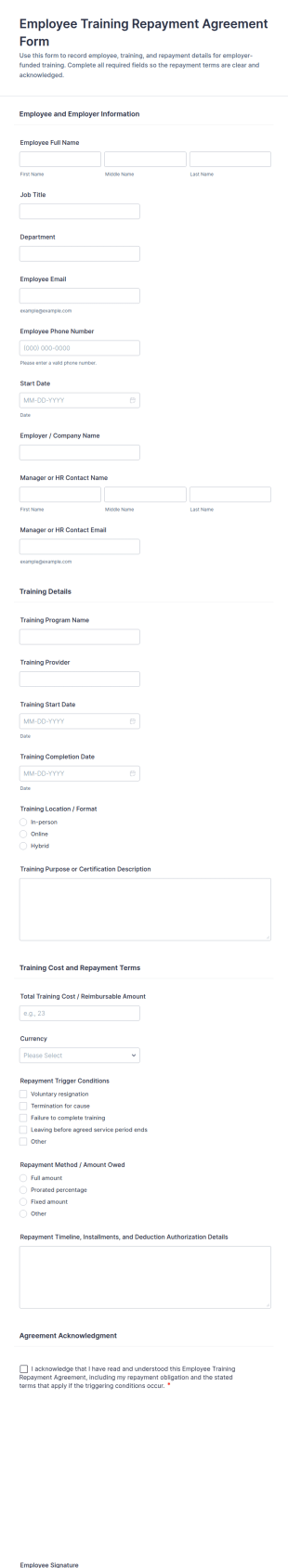 Employee Training Repayment Agreement Form Template