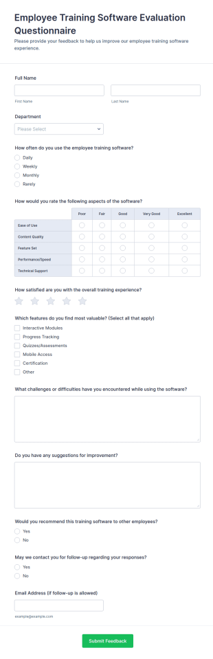 Employee Training Software Evaluation Questionnaire Form Template