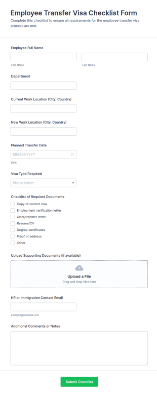 Employee Transfer Visa Checklist Form Template
