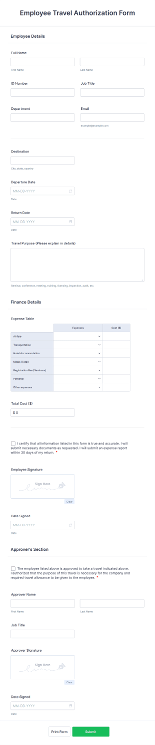 Employee Travel Authorization Form Template