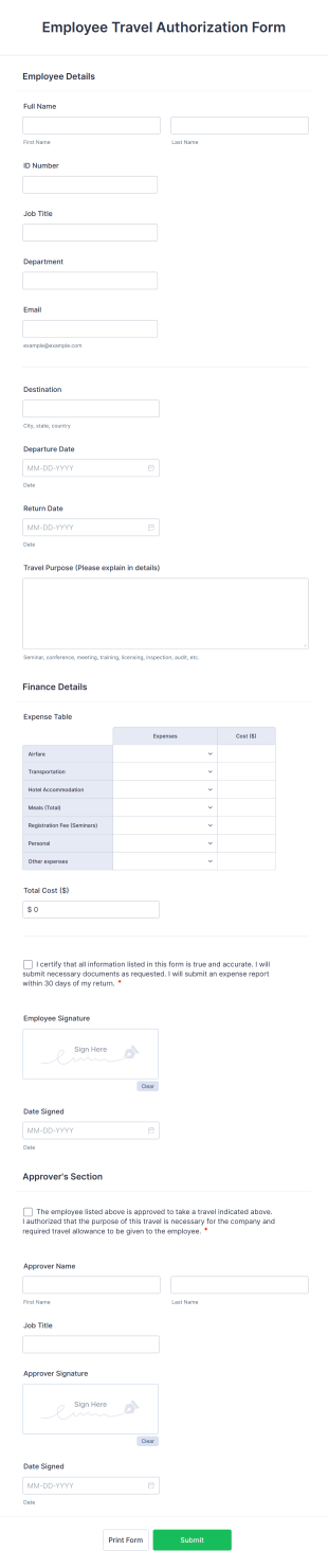 Employee Travel Authorization Form Template