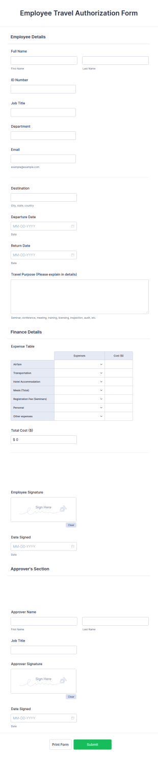 Employee Travel Authorization Form Template