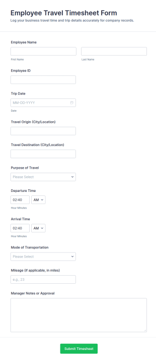 Employee Travel Timesheet Form Template