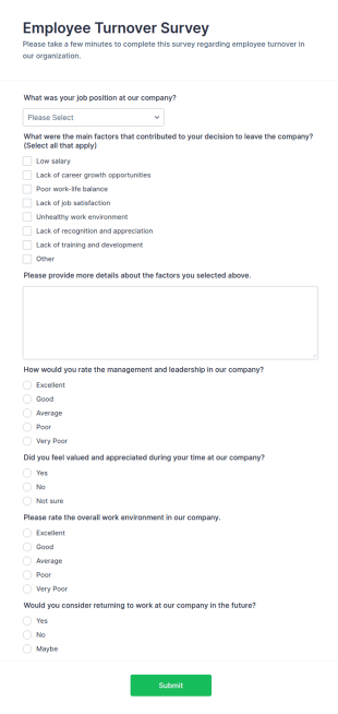 Employee Turnover Survey Form Template