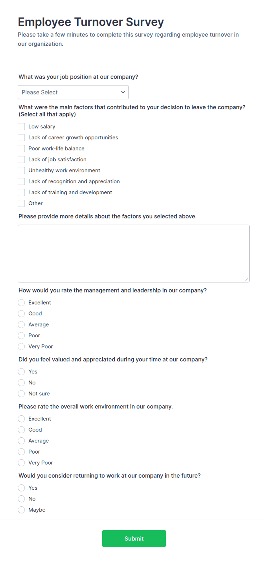 Turnover Form Example Employee Turnover Survey Form Template | Jotform