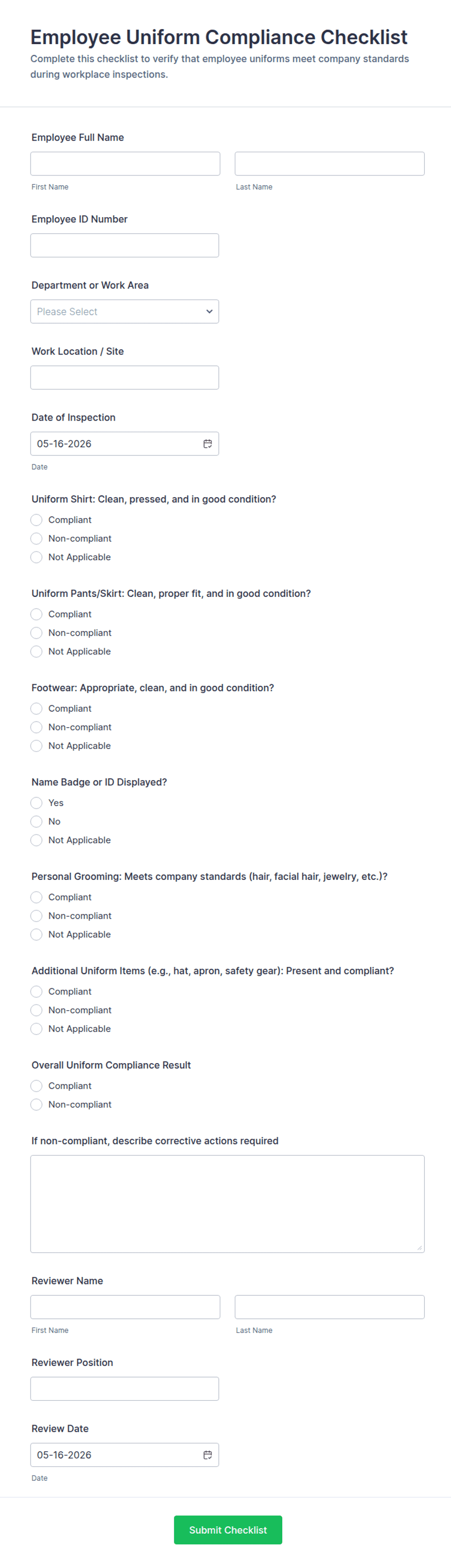 Employee Uniform Compliance Checklist Form Template | Jotform