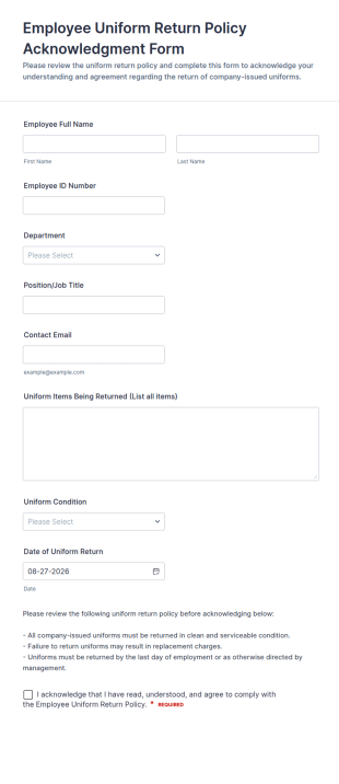 Employee Uniform Return Policy Acknowledgment Form Template
