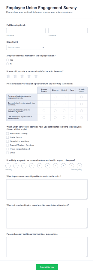 Employee Union Engagement Survey Form Template