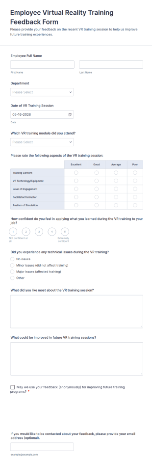 Employee Virtual Reality Training Feedback Form Template