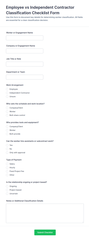 Employee Vs Independent Contractor Classification Checklist Form Template