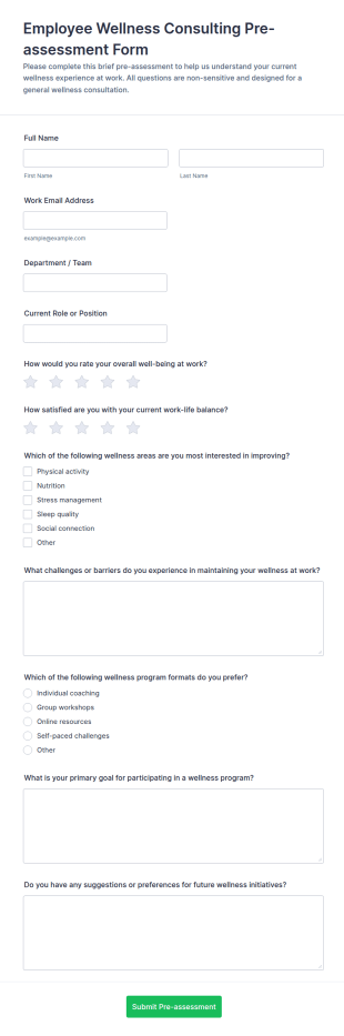 Employee Wellness Consulting Pre Assessment Form Template