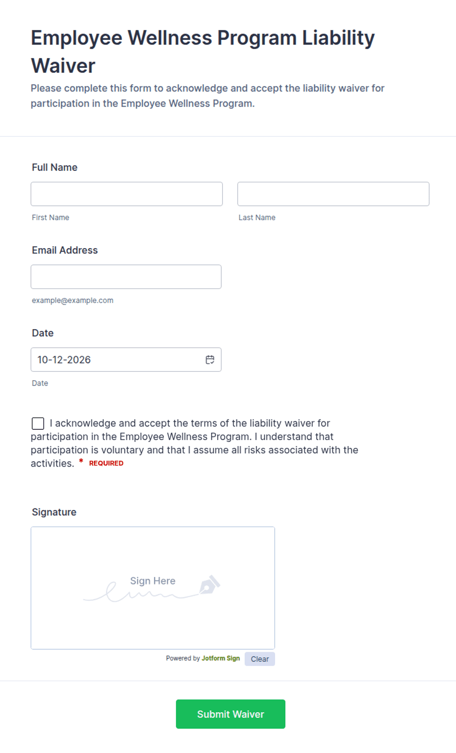Employee Wellness Program Liability Waiver Form Template | Jotform