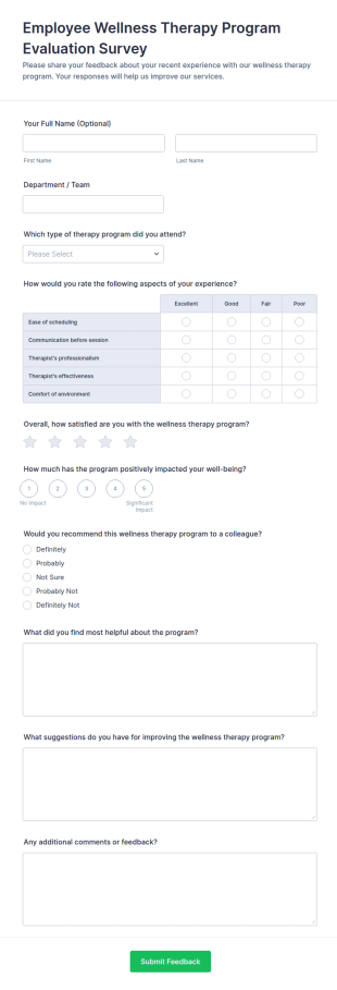 Employee Wellness Therapy Program Evaluation Survey Form Template