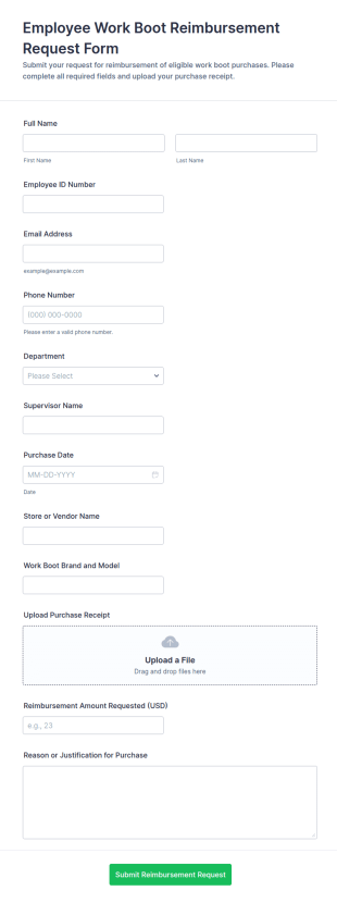 Employee Work Boot Reimbursement Request Form Template