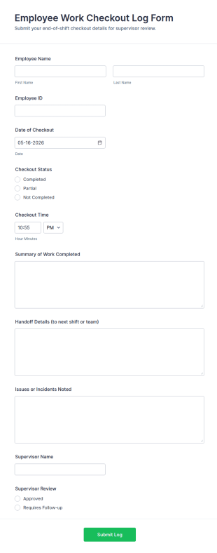 Employee Work Checkout Log Form Template
