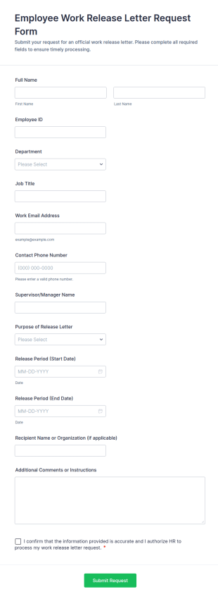 Employee Work Release Letter Request Form Template