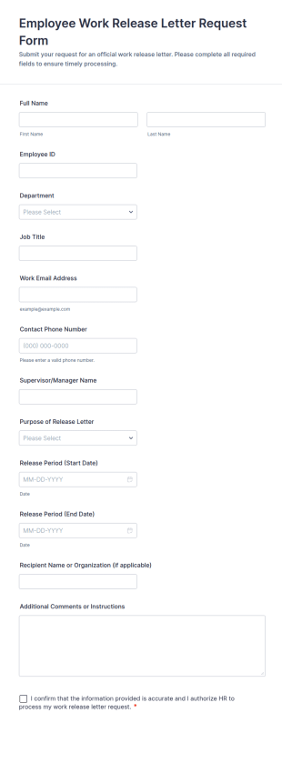 Employee Work Release Letter Request Form Template