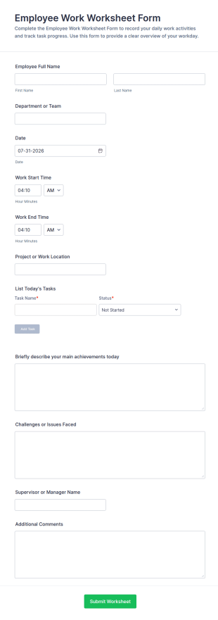 Employee Work Worksheet Form Template