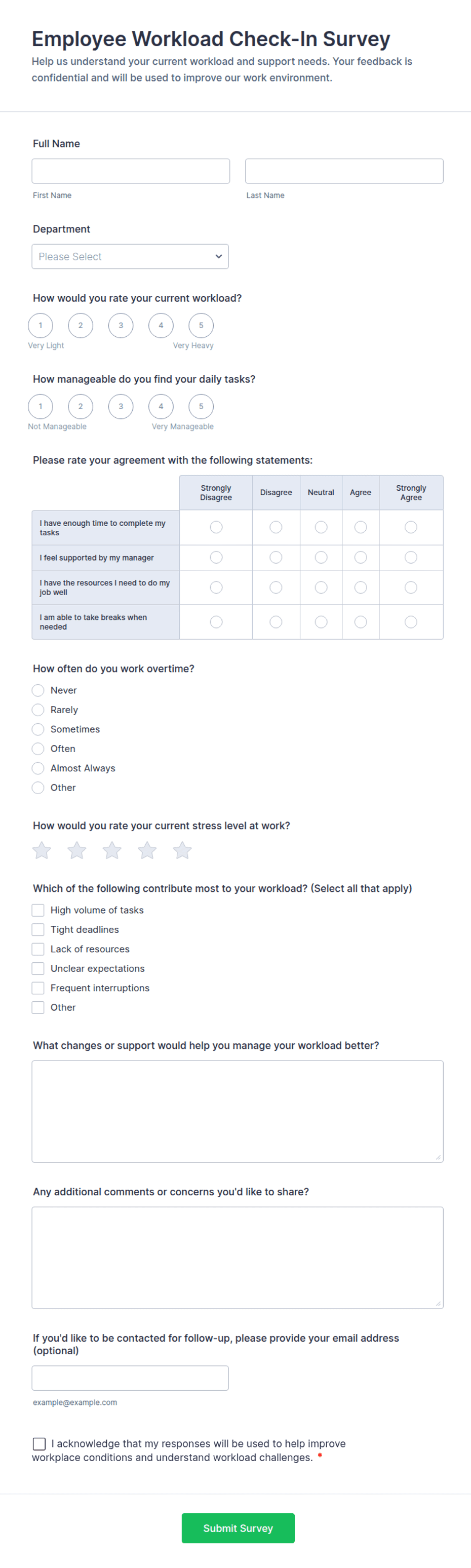 Workload Check In Employee Workload Check-In Survey Form Template | Jotform