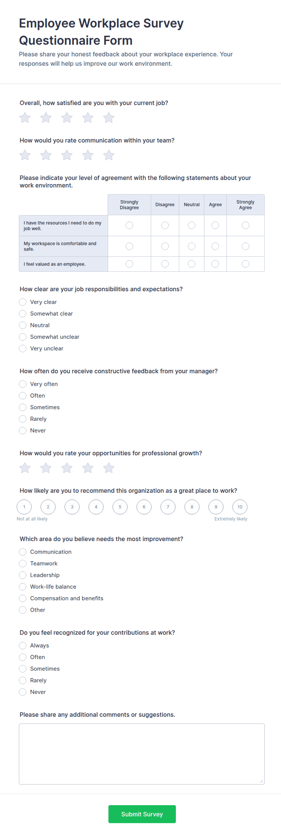 Employee Workplace Survey Questionnaire Form Template | Jotform