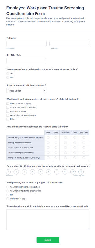 Employee Workplace Trauma Screening Questionnaire Form Template