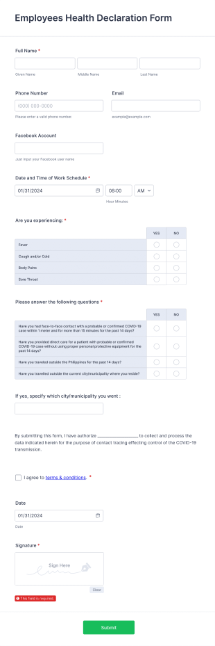 Employees Health Declaration Form Template