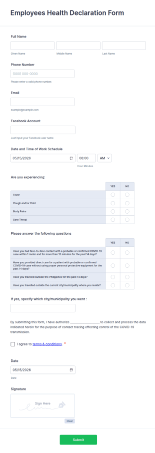 Employees Health Declaration Form Template