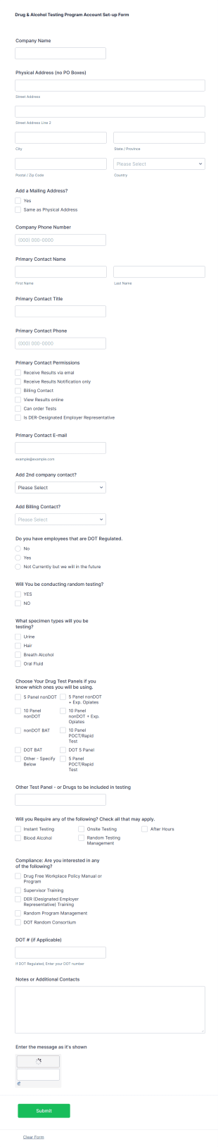 Drug Test Employer Account Set Up Form Template