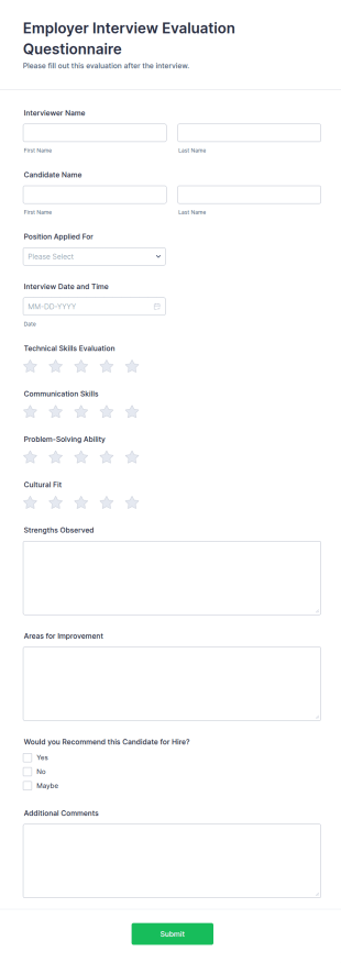 Employer Interview Evaluation Questionnaire Form Template
