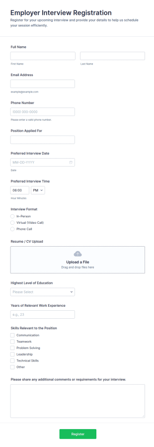 Employer Interview Registration Form Template