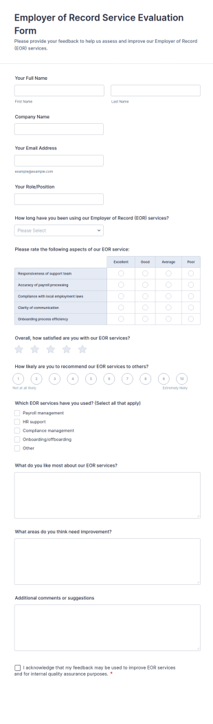 Employer Of Record Service Evaluation Form Template