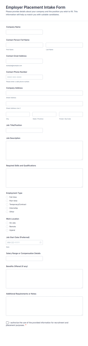 Employer Placement Intake Form Template