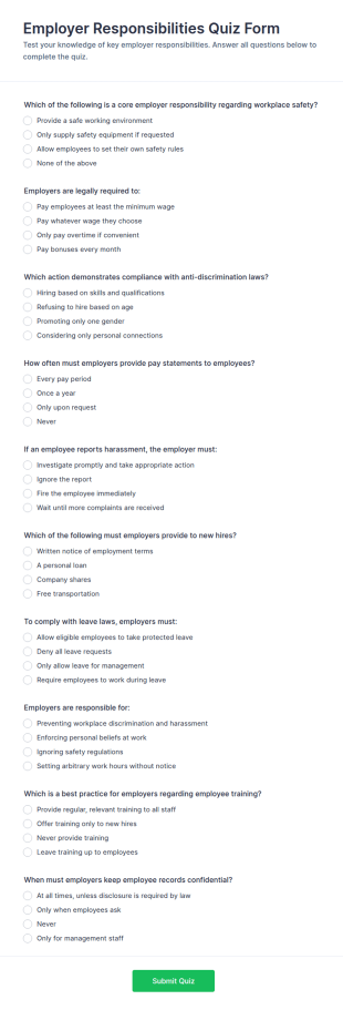 Employer Responsibilities Quiz Form Template