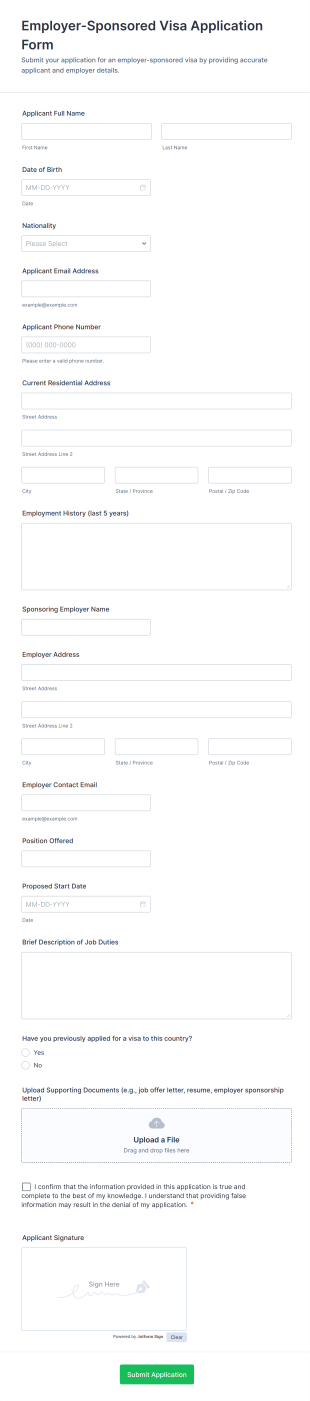 Employer Sponsored Visa Application Form Template